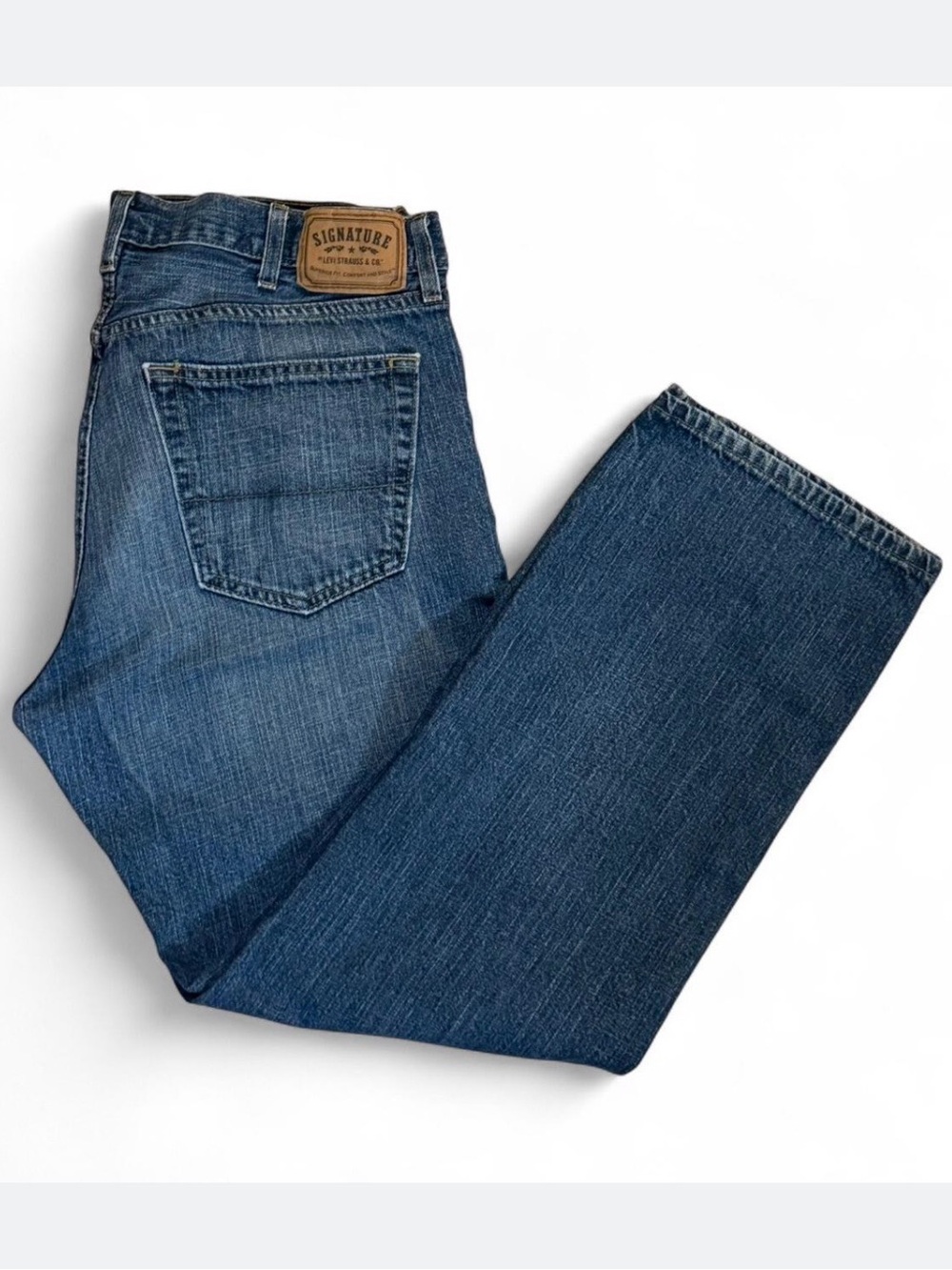 Signature by Levi Strauss Dark Blue Straight Jeans with Leather Patch 38x32